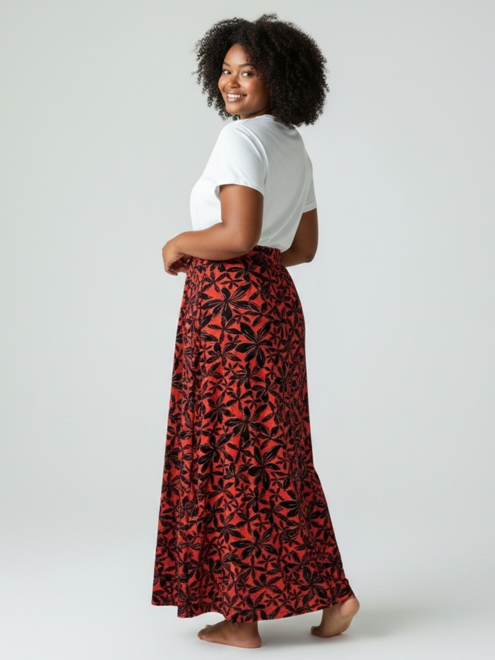 AVA & VIV Printed Orange Black Floral Maxi Skirt - 1X